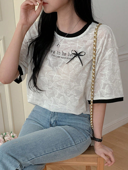DAZY Spring New Loose Casual Letter Print Bowknot Decor Textured Women T-Shirt