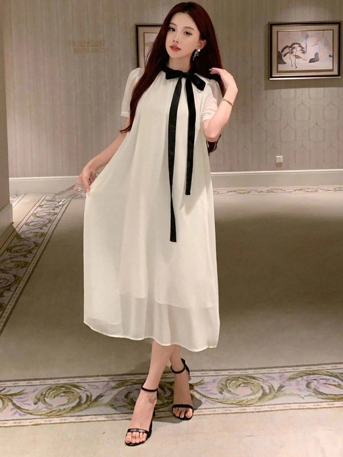 DAZY Spring Summer Autumn Women's Loose A-Line Mid-Length Dress With Peter Pan Collar, Puff Short Sleeves, Black Bow Tie, White Chiffon