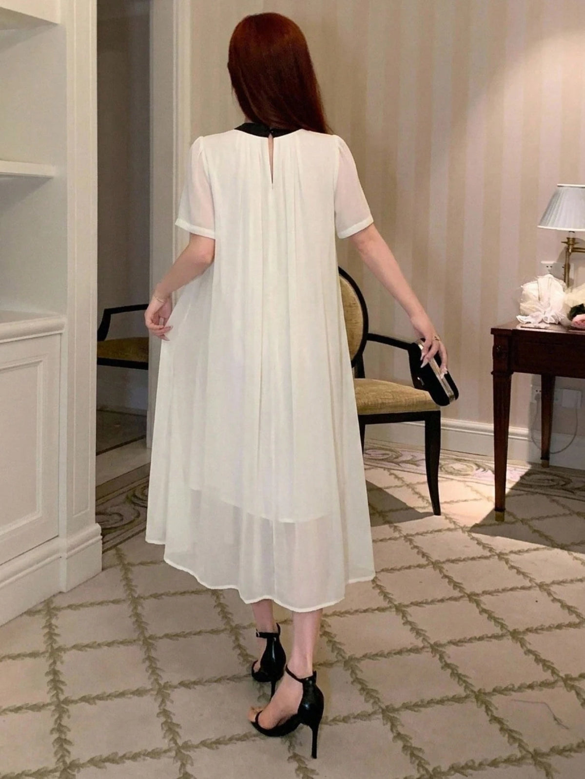DAZY Spring Summer Autumn Women's Loose A-Line Mid-Length Dress With Peter Pan Collar, Puff Short Sleeves, Black Bow Tie, White Chiffon