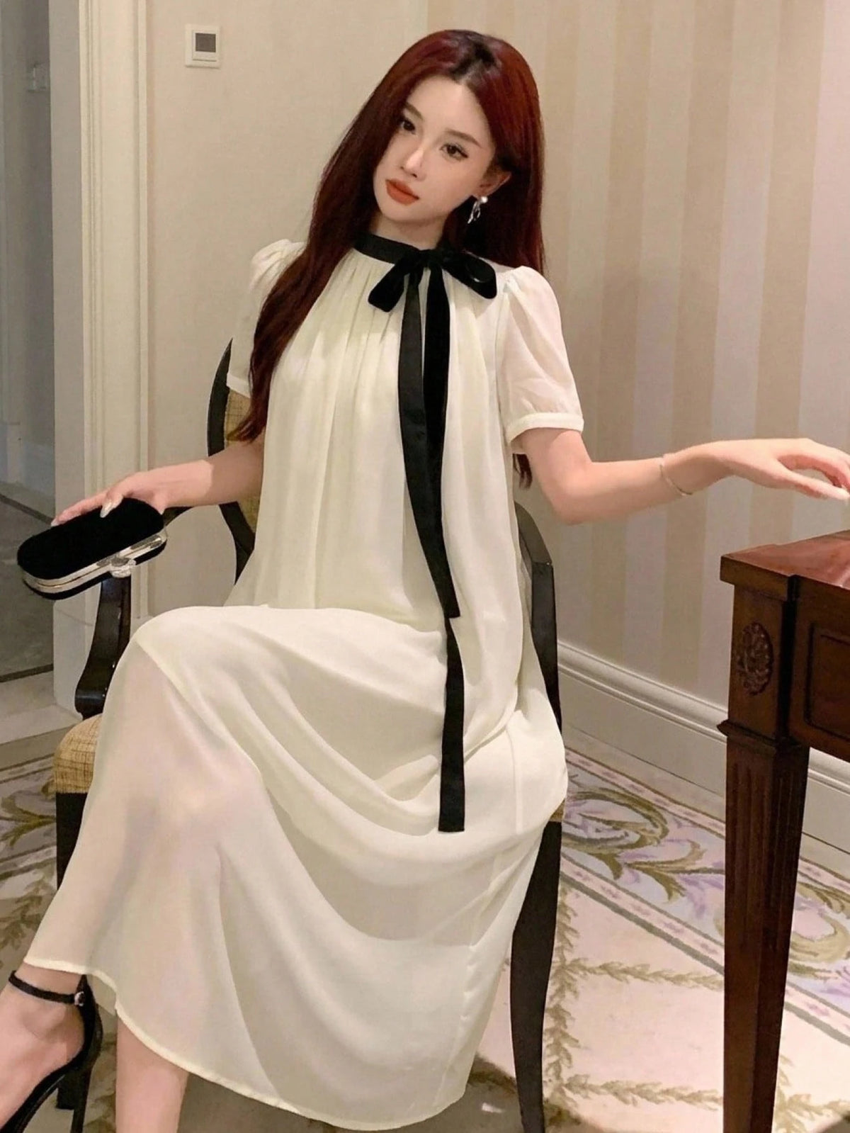 DAZY Spring Summer Autumn Women's Loose A-Line Mid-Length Dress With Peter Pan Collar, Puff Short Sleeves, Black Bow Tie, White Chiffon