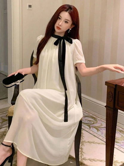 DAZY Spring Summer Autumn Women's Loose A-Line Mid-Length Dress With Peter Pan Collar, Puff Short Sleeves, Black Bow Tie, White Chiffon