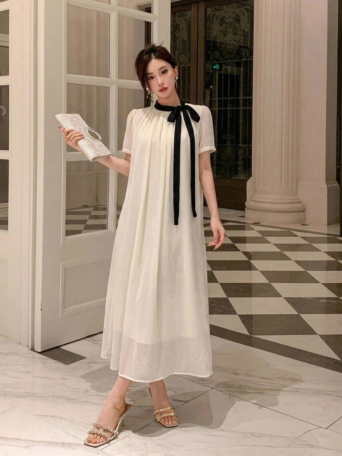 DAZY Spring Summer Autumn Women's Loose A-Line Mid-Length Dress With Peter Pan Collar, Puff Short Sleeves, Black Bow Tie, White Chiffon