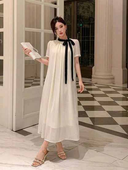 DAZY Spring Summer Autumn Women's Loose A-Line Mid-Length Dress With Peter Pan Collar, Puff Short Sleeves, Black Bow Tie, White Chiffon