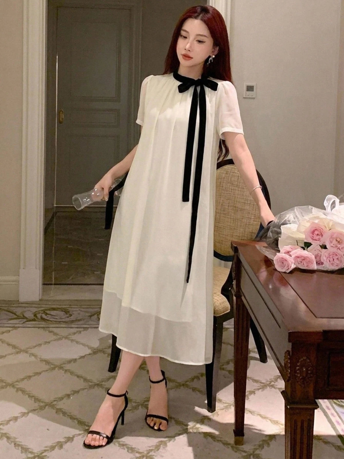 DAZY Spring Summer Autumn Women's Loose A-Line Mid-Length Dress With Peter Pan Collar, Puff Short Sleeves, Black Bow Tie, White Chiffon