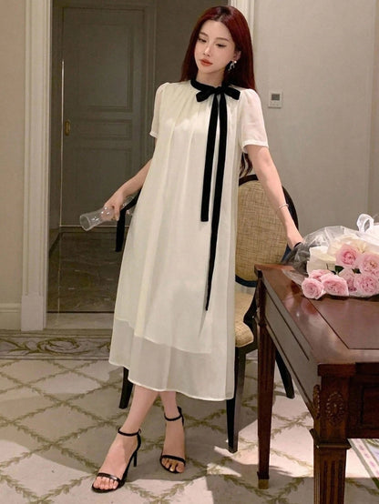 DAZY Spring Summer Autumn Women's Loose A-Line Mid-Length Dress With Peter Pan Collar, Puff Short Sleeves, Black Bow Tie, White Chiffon