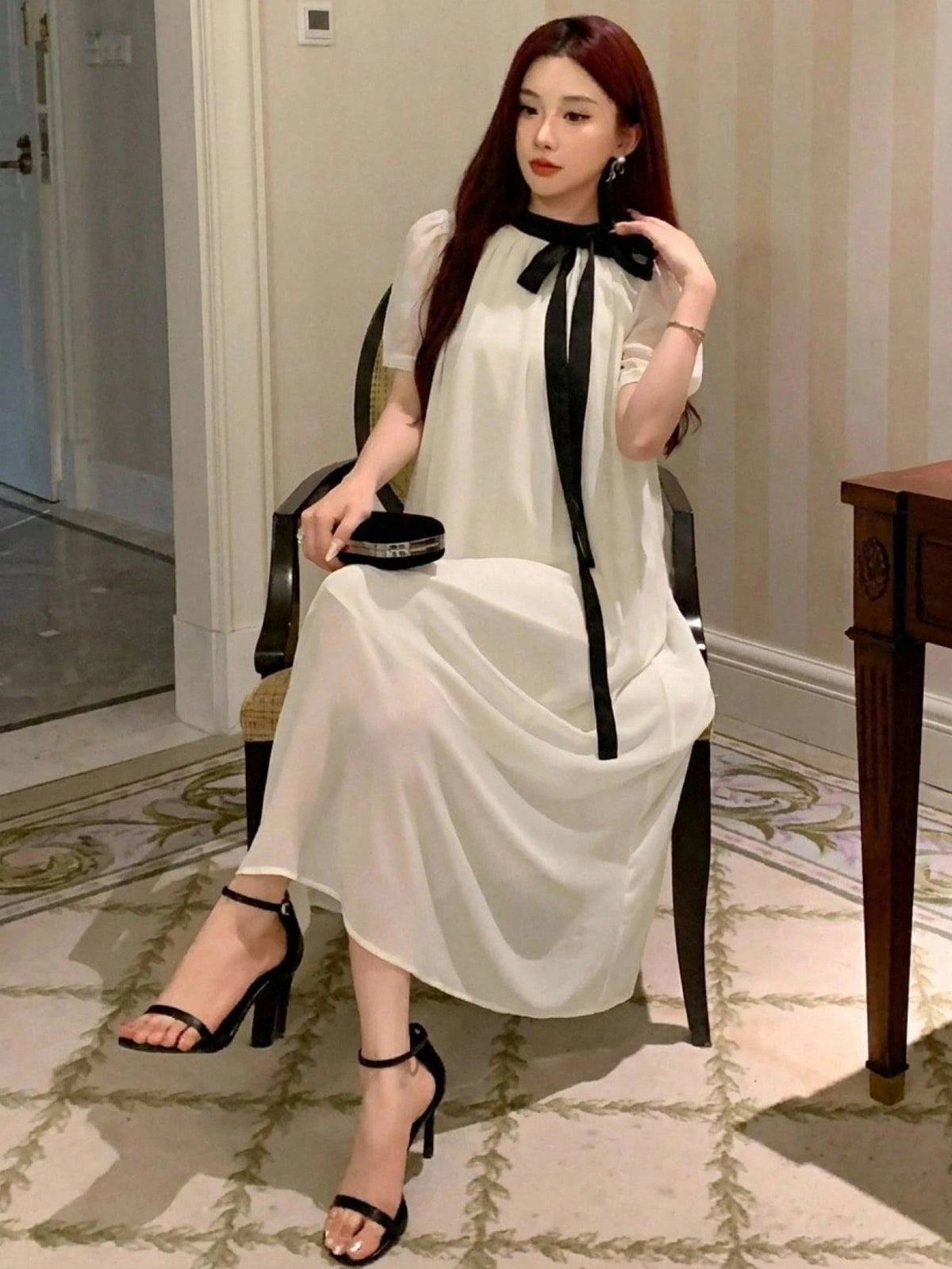 DAZY Spring Summer Autumn Women's Loose A-Line Mid-Length Dress With Peter Pan Collar, Puff Short Sleeves, Black Bow Tie, White Chiffon