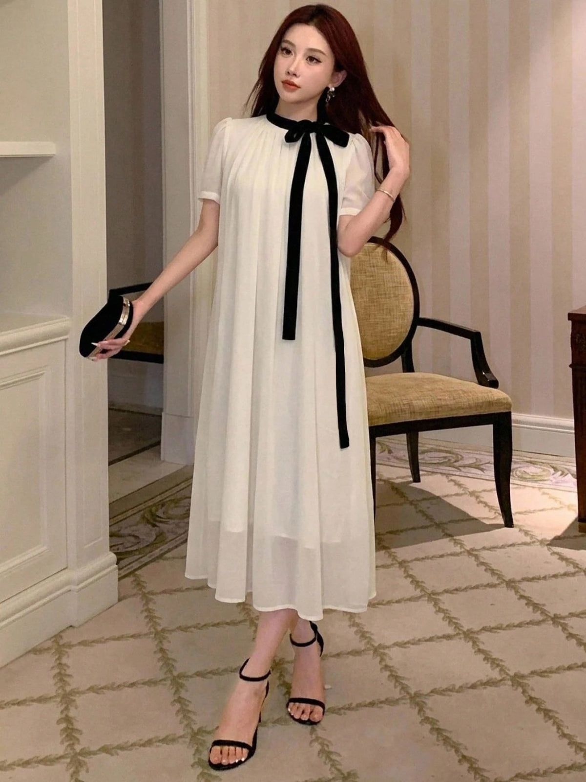 DAZY Spring Summer Autumn Women's Loose A-Line Mid-Length Dress With Peter Pan Collar, Puff Short Sleeves, Black Bow Tie, White Chiffon