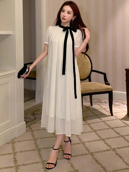 DAZY Spring Summer Autumn Women's Loose A-Line Mid-Length Dress With Peter Pan Collar, Puff Short Sleeves, Black Bow Tie, White Chiffon