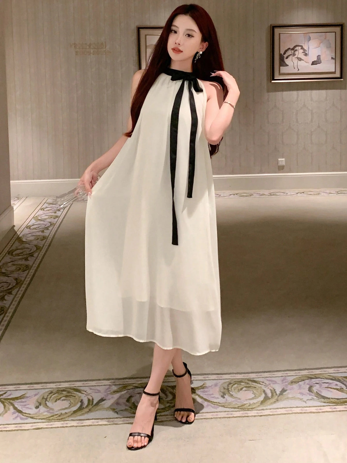 DAZY Spring Summer Autumn Women's Loose A-Line Mid-Length Dress With Peter Pan Collar, Puff Short Sleeves, Black Bow Tie, White Chiffon