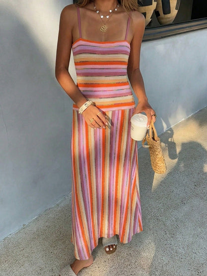 DAZY Summer Holiday Party Outfit Brown Spaghetti Strap Striped Bodycon Mid-Length Dress For Women Sundress Vacation