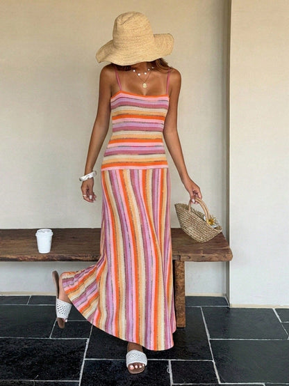 DAZY Summer Holiday Party Outfit Brown Spaghetti Strap Striped Bodycon Mid-Length Dress For Women Sundress Vacation