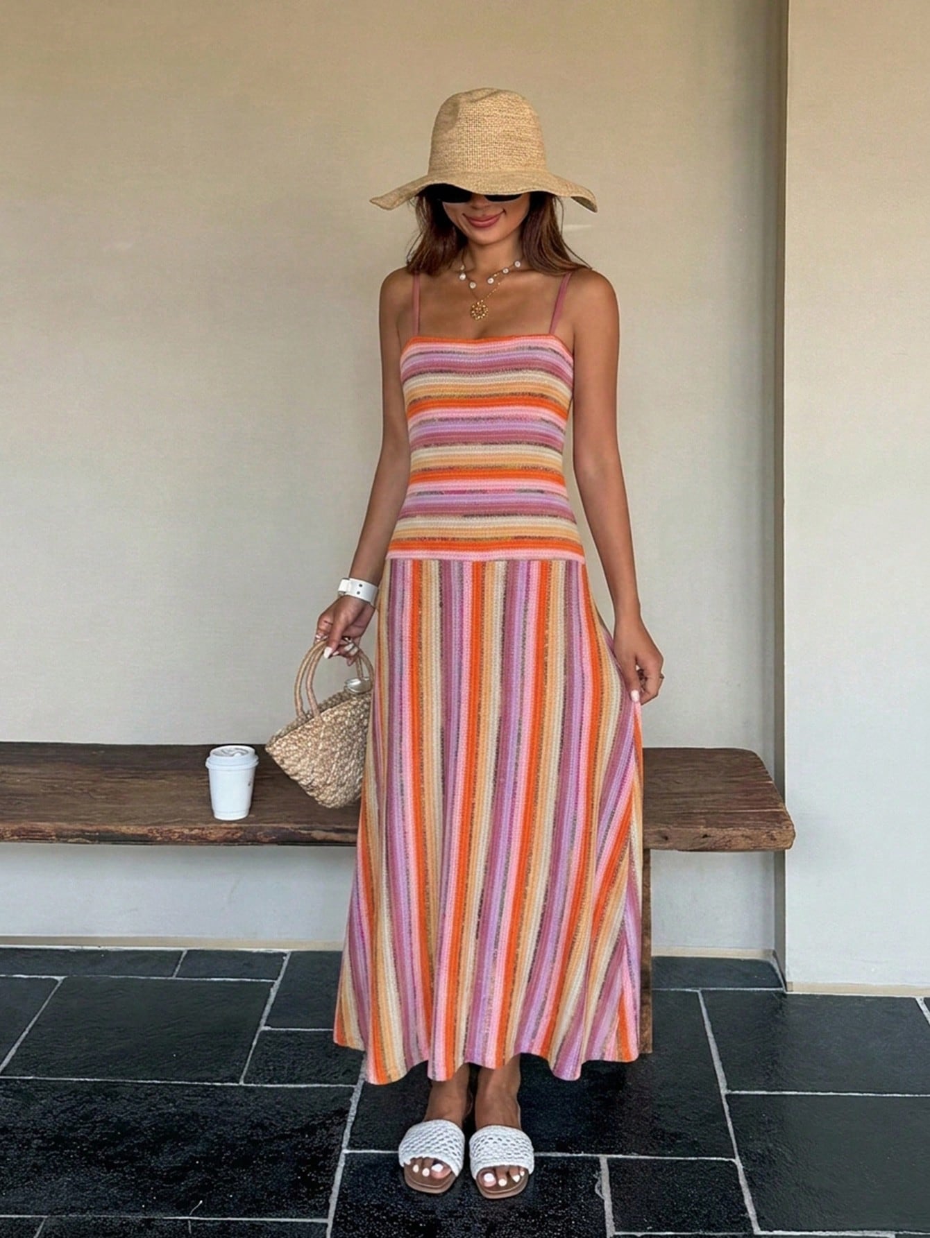 DAZY Summer Holiday Party Outfit Brown Spaghetti Strap Striped Bodycon Mid-Length Dress For Women Sundress Vacation