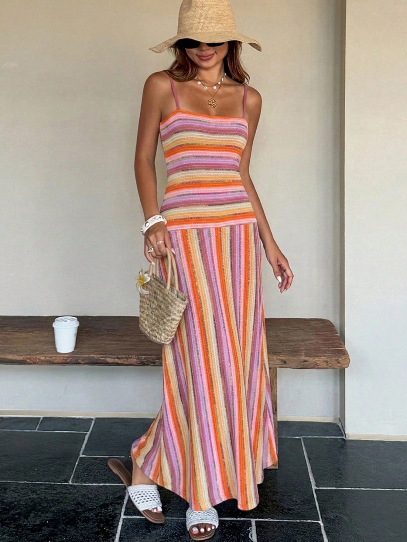 DAZY Summer Holiday Party Outfit Brown Spaghetti Strap Striped Bodycon Mid-Length Dress For Women Sundress Vacation