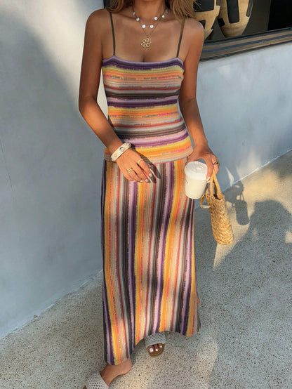 DAZY Summer Holiday Party Outfit Brown Spaghetti Strap Striped Bodycon Mid-Length Dress For Women Sundress Vacation