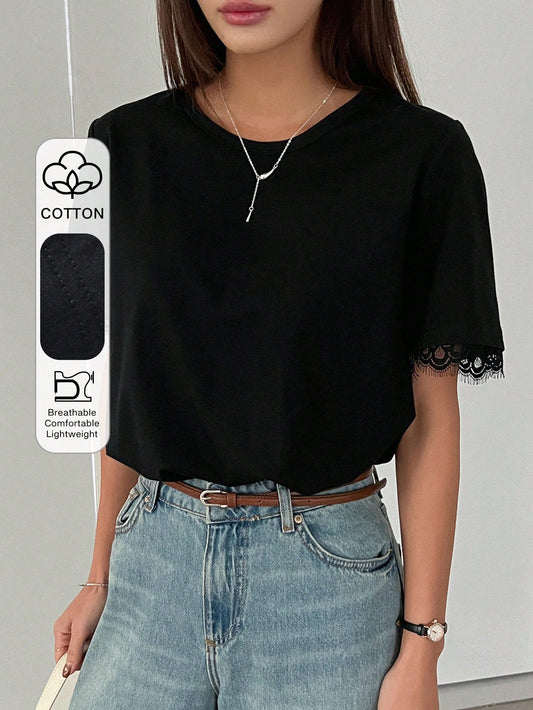 DAZY Women Contrast Lace Crew Neck Loose Short Sleeve T-Shirt, Casual Daily Wear Summer,Business Casual Women