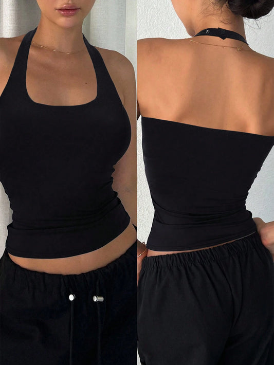 DAZY Women's Backless Camisole, Slim Fit Casual Everyday Tank Top,Halter Top