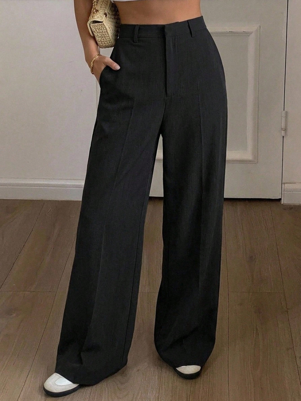 DAZY Women's Black Winter Business Casual Work Pants,Elegant Solid Color Wide Leg Loose Pocket Zipper Long Trousers,Spring/Fall Daily Teacher Pants
