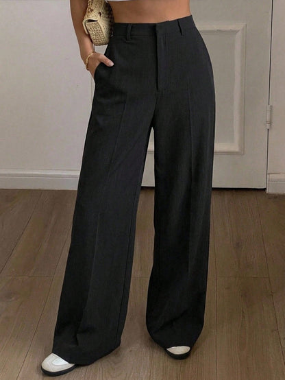 DAZY Women's Black Winter Business Casual Work Pants,Elegant Solid Color Wide Leg Loose Pocket Zipper Long Trousers,Spring/Fall Daily Teacher Pants