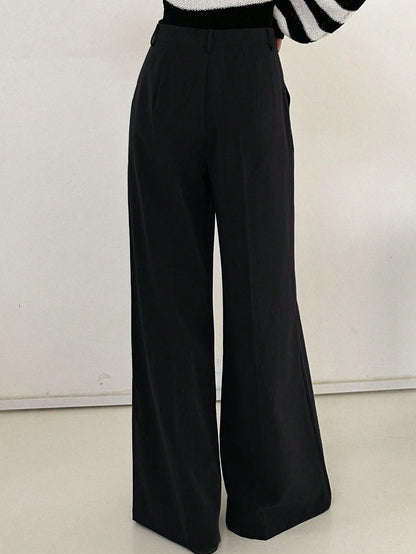 DAZY Women's Black Winter Business Casual Work Pants,Elegant Solid Color Wide Leg Loose Pocket Zipper Long Trousers,Spring/Fall Daily Teacher Pants