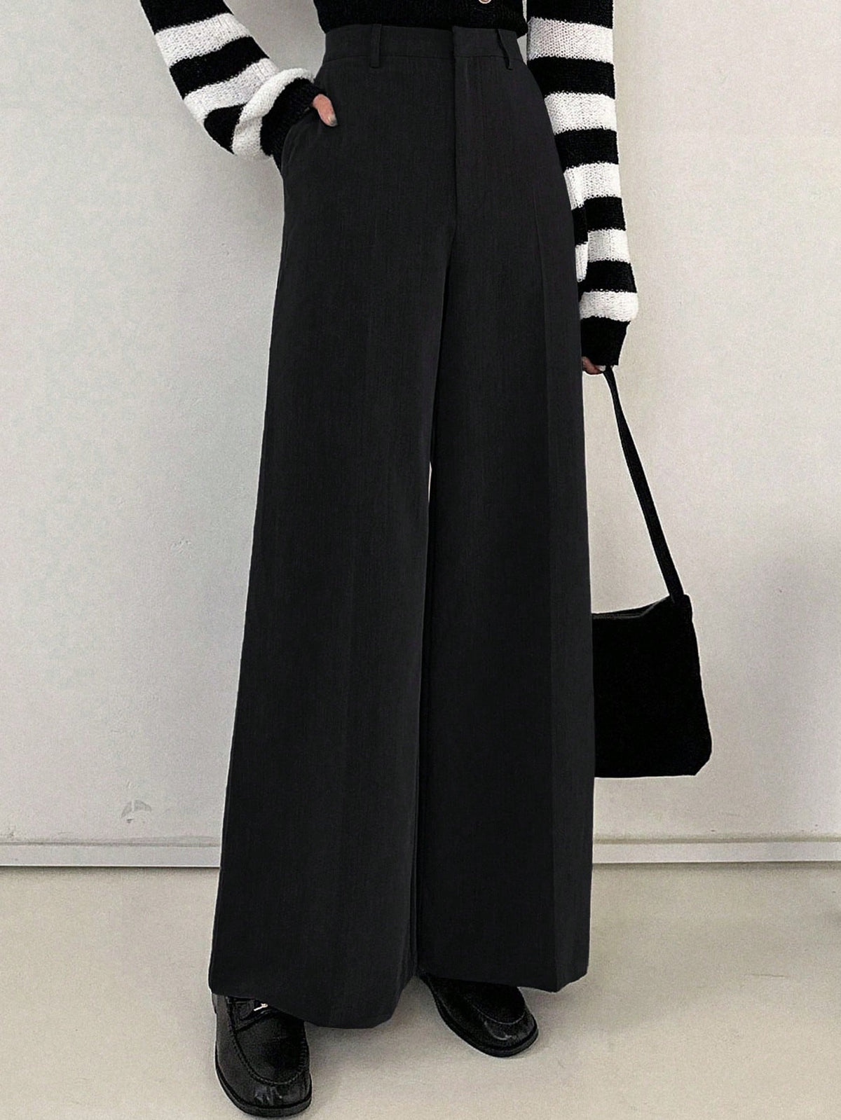 DAZY Women's Black Winter Business Casual Work Pants,Elegant Solid Color Wide Leg Loose Pocket Zipper Long Trousers,Spring/Fall Daily Teacher Pants