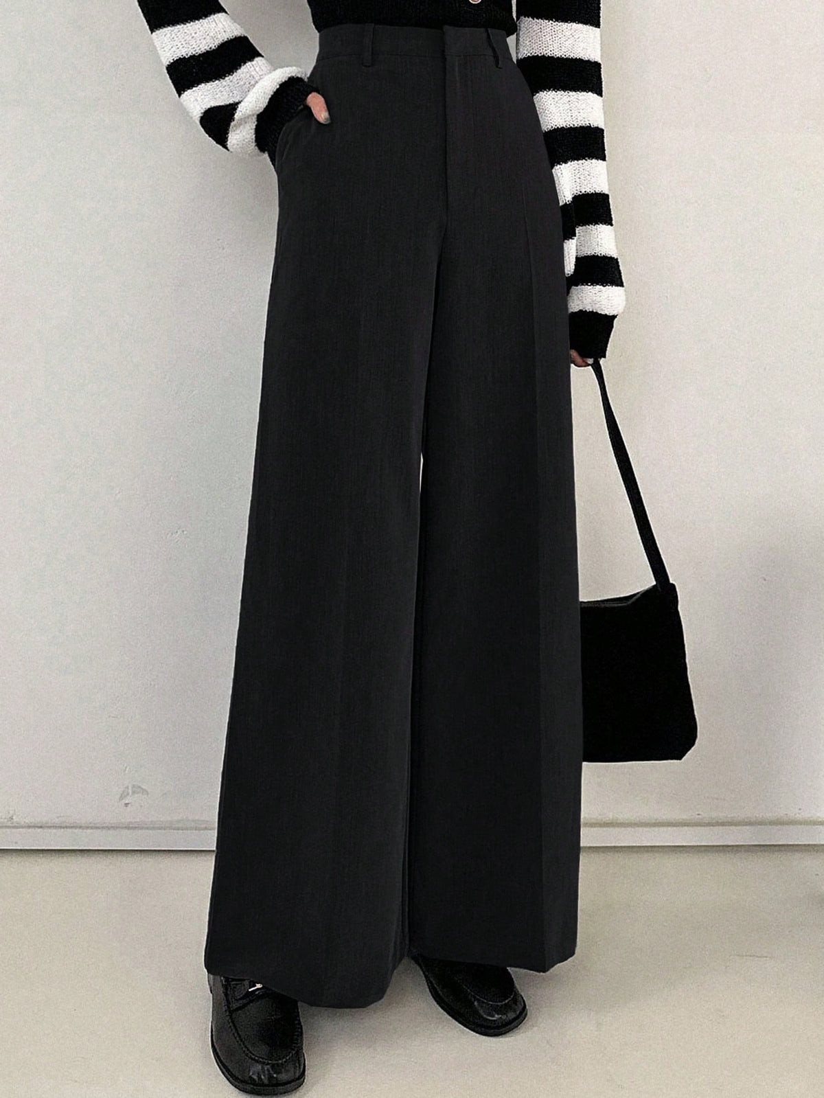 DAZY Women's Black Winter Business Casual Work Pants,Elegant Solid Color Wide Leg Loose Pocket Zipper Long Trousers,Spring/Fall Daily Teacher Pants