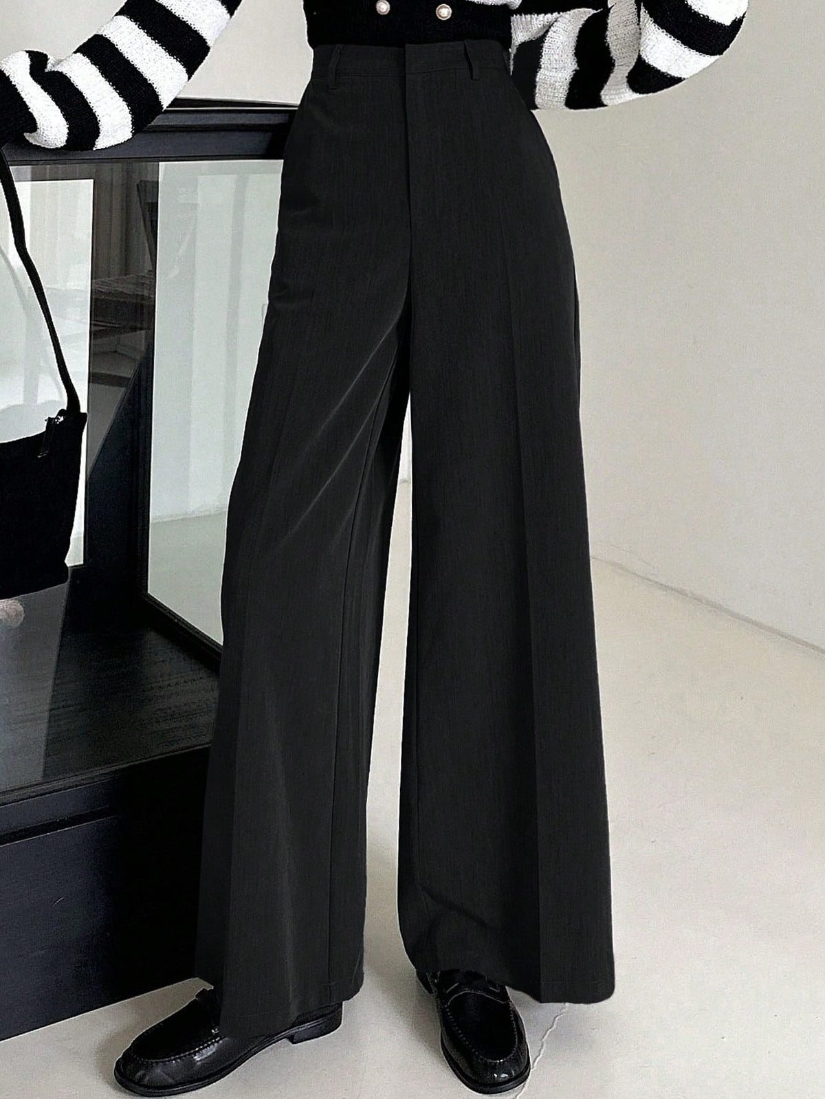 DAZY Women's Black Winter Business Casual Work Pants,Elegant Solid Color Wide Leg Loose Pocket Zipper Long Trousers,Spring/Fall Daily Teacher Pants