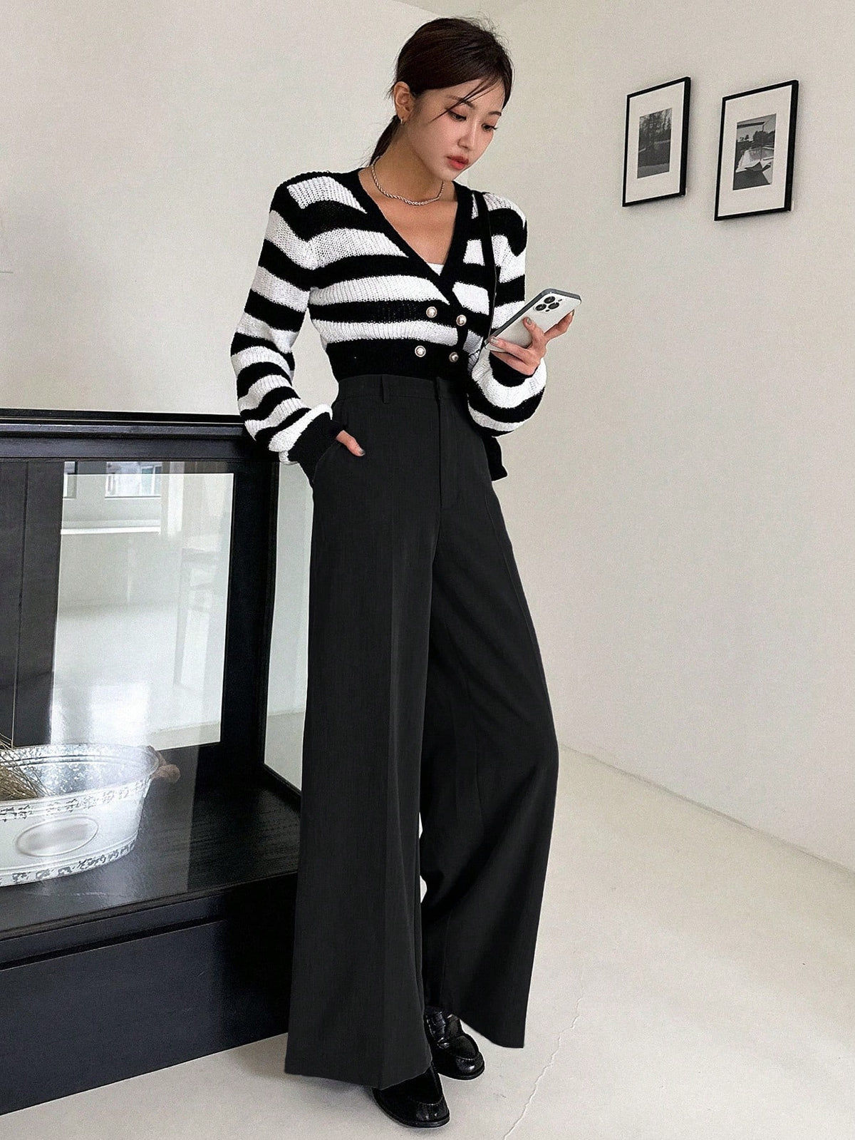 DAZY Women's Black Winter Business Casual Work Pants,Elegant Solid Color Wide Leg Loose Pocket Zipper Long Trousers,Spring/Fall Daily Teacher Pants