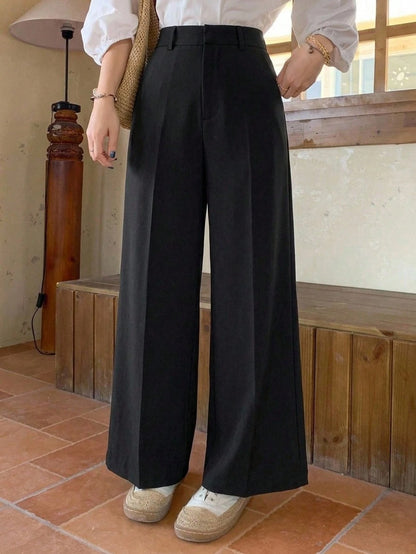 DAZY Women's Black Winter Business Casual Work Pants,Elegant Solid Color Wide Leg Loose Pocket Zipper Long Trousers,Spring/Fall Daily Teacher Pants