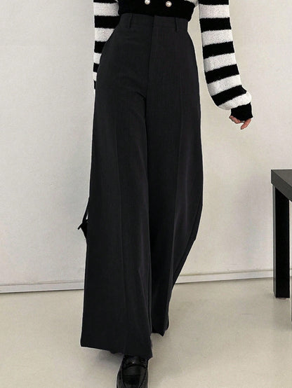 DAZY Women's Black Winter Business Casual Work Pants,Elegant Solid Color Wide Leg Loose Pocket Zipper Long Trousers,Spring/Fall Daily Teacher Pants