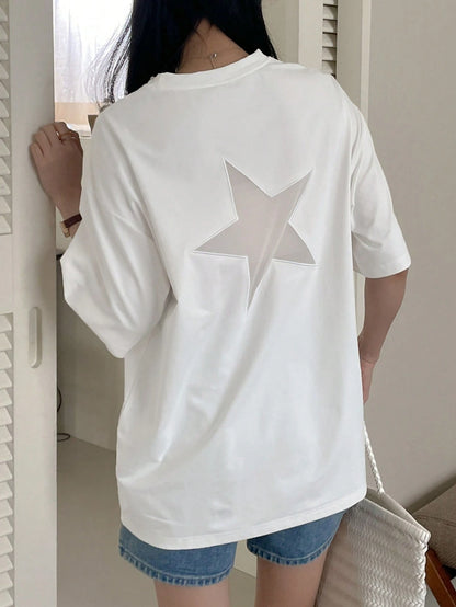 DAZY Women's Casual-Fit Star Mesh Insert Back Casual Summer T-Shirt Y2k Oversized T-Shirt
