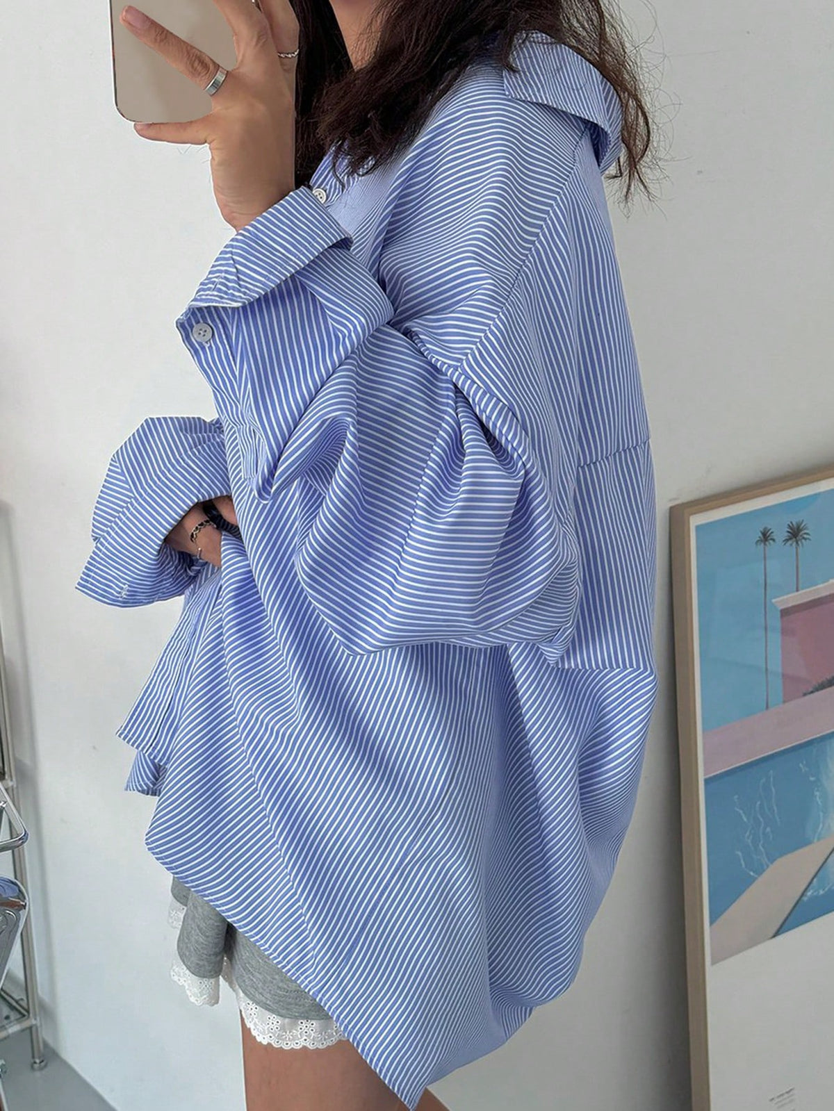 DAZY Women's Loose Fit Striped Collared Shirt, Versatile, Blue, Spring/Summer/Autumn Long Sleeve Top School