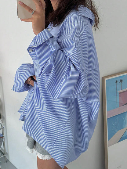 DAZY Women's Loose Fit Striped Collared Shirt, Versatile, Blue, Spring/Summer/Autumn Long Sleeve Top School