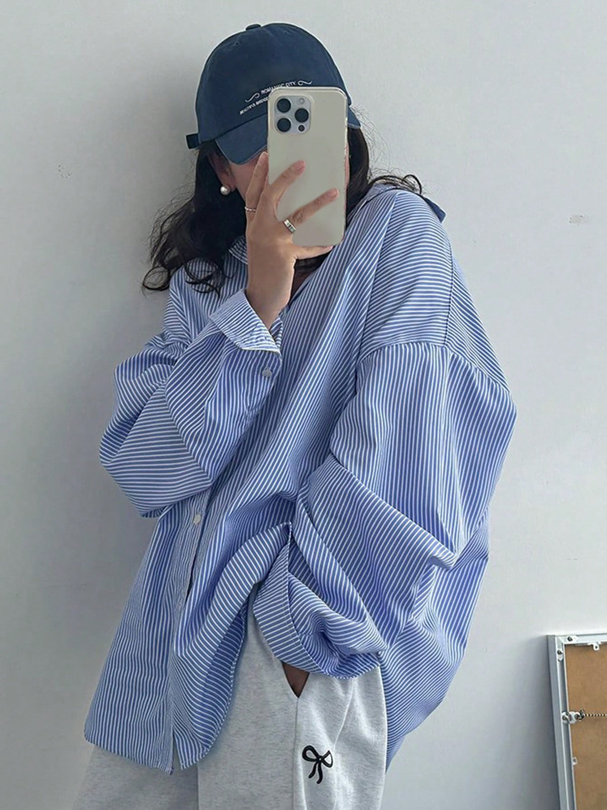 DAZY Women's Loose Fit Striped Collared Shirt, Versatile, Blue, Spring/Summer/Autumn Long Sleeve Top School