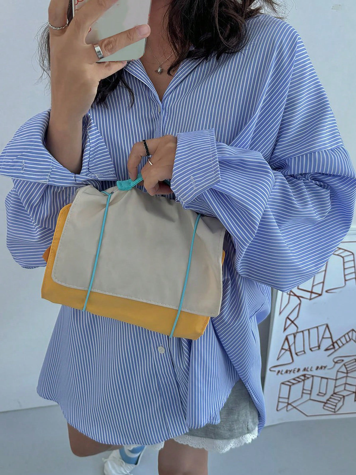 DAZY Women's Loose Fit Striped Collared Shirt, Versatile, Blue, Spring/Summer/Autumn Long Sleeve Top School