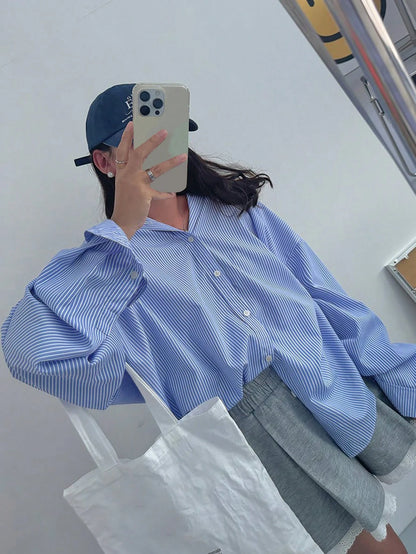 DAZY Women's Loose Fit Striped Collared Shirt, Versatile, Blue, Spring/Summer/Autumn Long Sleeve Top School