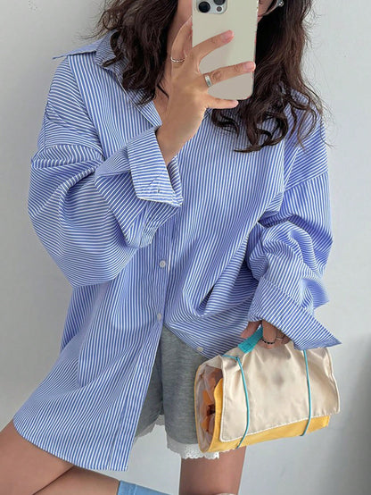 DAZY Women's Loose Fit Striped Collared Shirt, Versatile, Blue, Spring/Summer/Autumn Long Sleeve Top School