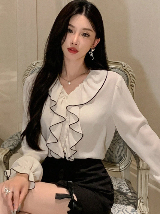 DAZY Women's New Arrival Autumn Ruffled Trimmed Blouse Shirt,Long Sleeve Tops,Fall Women Clothes