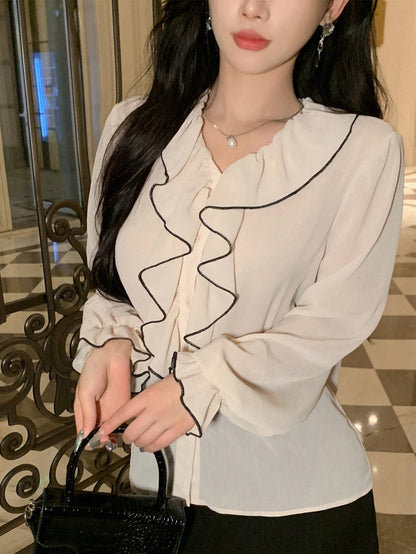 DAZY Women's New Arrival Autumn Ruffled Trimmed Blouse Shirt,Long Sleeve Tops,Fall Women Clothes