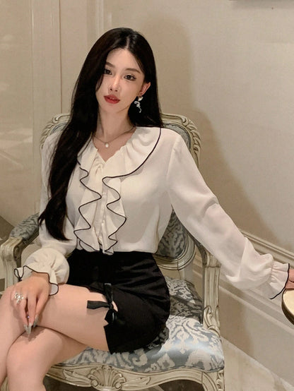 DAZY Women's New Arrival Autumn Ruffled Trimmed Blouse Shirt,Long Sleeve Tops,Fall Women Clothes
