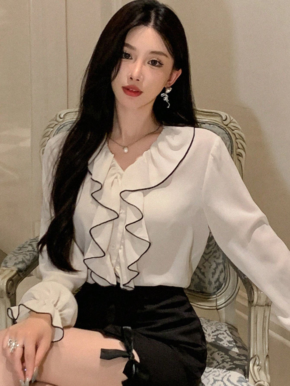 DAZY Women's New Arrival Autumn Ruffled Trimmed Blouse Shirt,Long Sleeve Tops,Fall Women Clothes