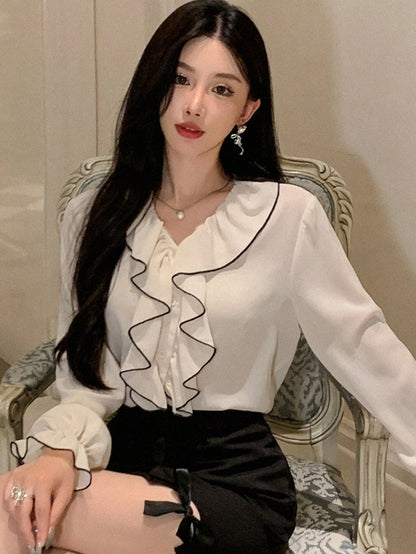 DAZY Women's New Arrival Autumn Ruffled Trimmed Blouse Shirt,Long Sleeve Tops,Fall Women Clothes