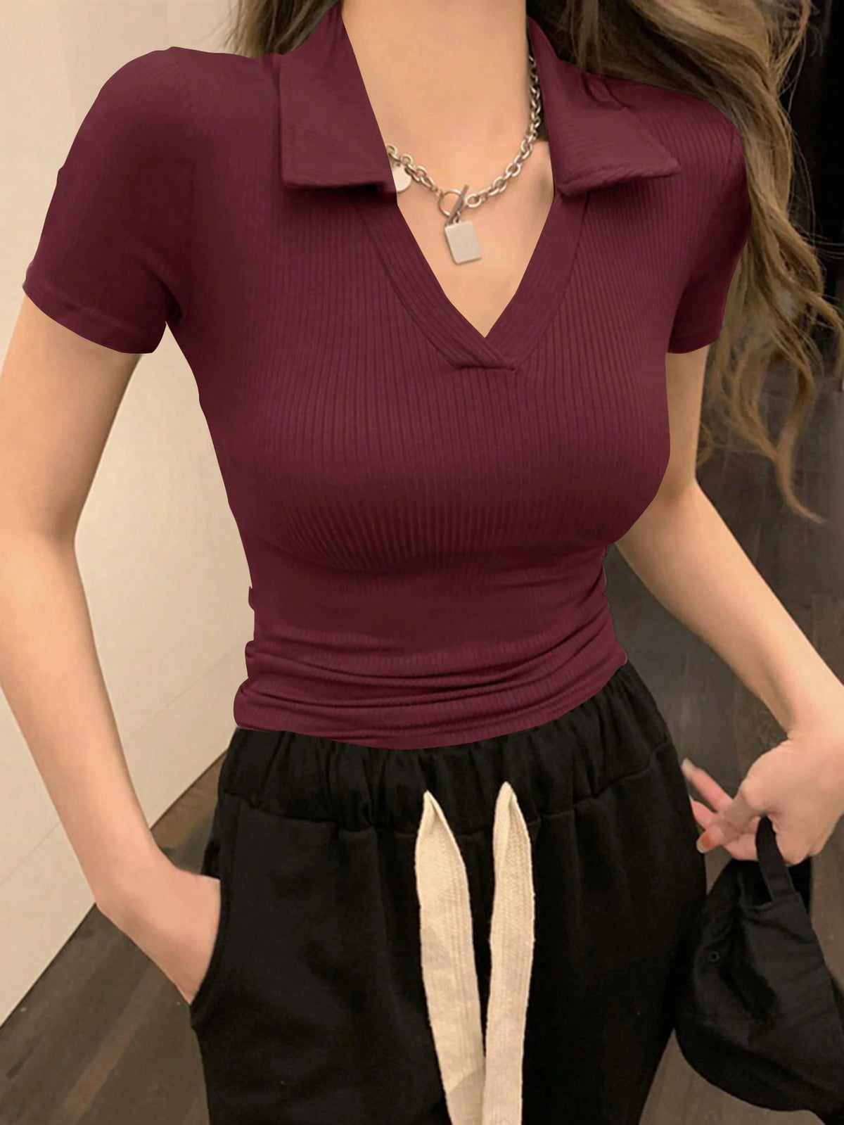 DAZY Women's Ribbed Minimalist Slim Fit Polo Collar Short Sleeve T-Shirt Summer