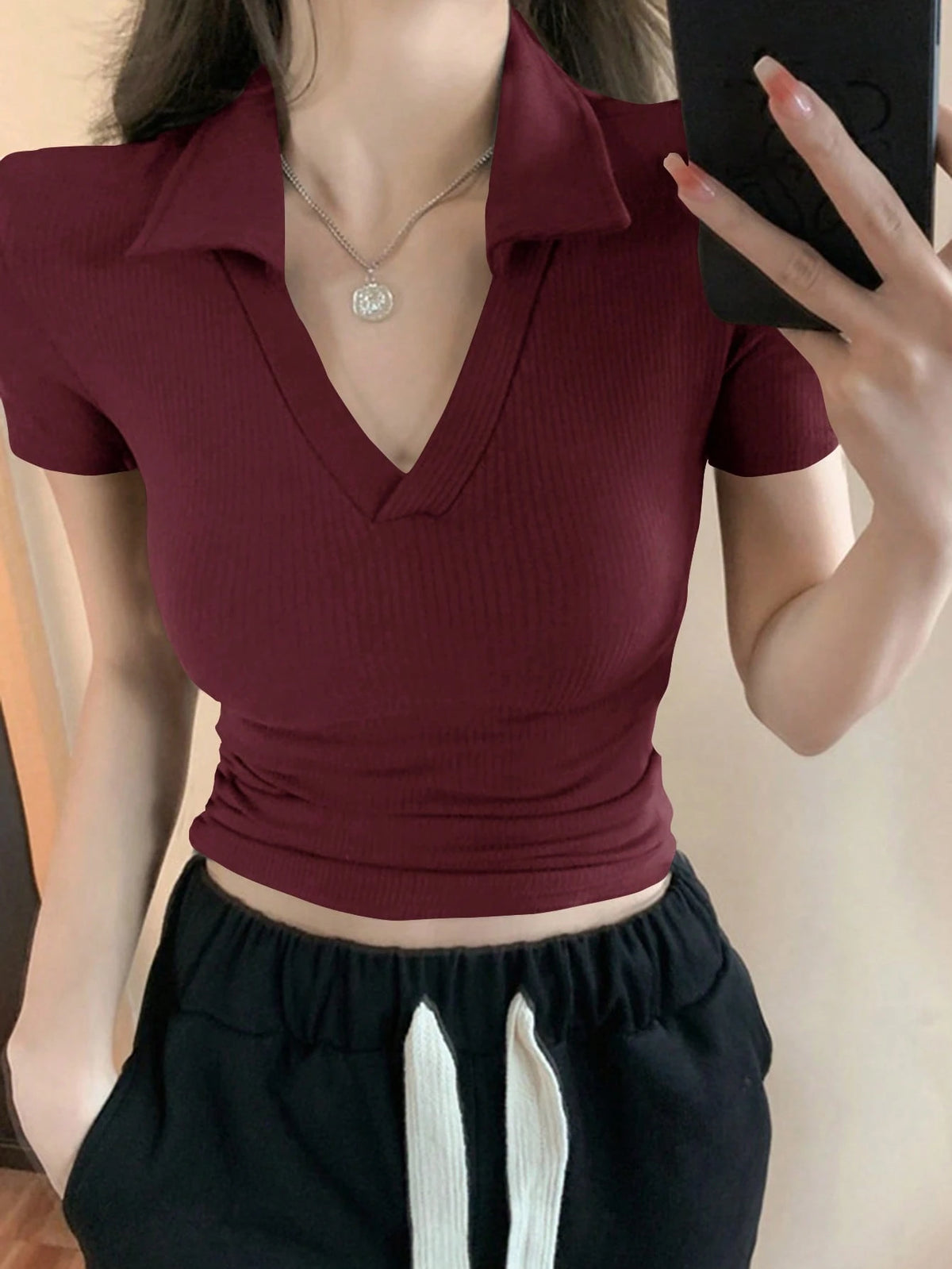 DAZY Women's Ribbed Minimalist Slim Fit Polo Collar Short Sleeve T-Shirt Summer