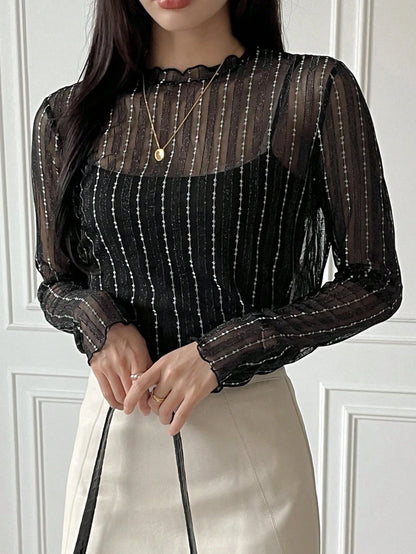 DAZY Women's Sheer Round Neck Casual Blouse, New Autumn Style Going Out Tops Long Sleeve Women Tops,Fall Women Clothes