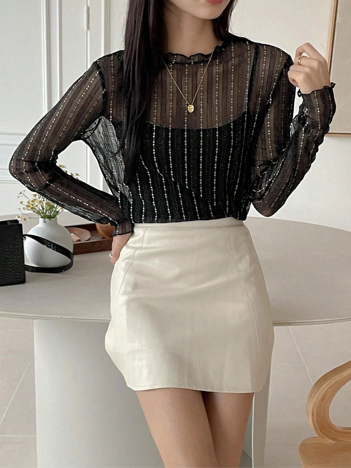 DAZY Women's Sheer Round Neck Casual Blouse, New Autumn Style Going Out Tops Long Sleeve Women Tops,Fall Women Clothes