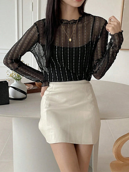 DAZY Women's Sheer Round Neck Casual Blouse, New Autumn Style Going Out Tops Long Sleeve Women Tops,Fall Women Clothes