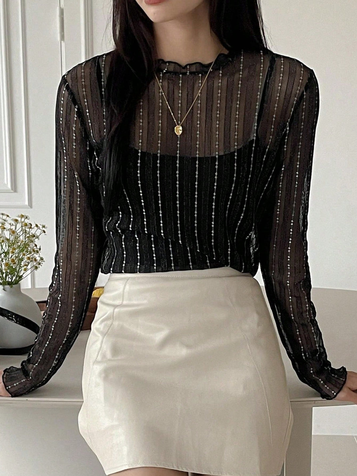DAZY Women's Sheer Round Neck Casual Blouse, New Autumn Style Going Out Tops Long Sleeve Women Tops,Fall Women Clothes