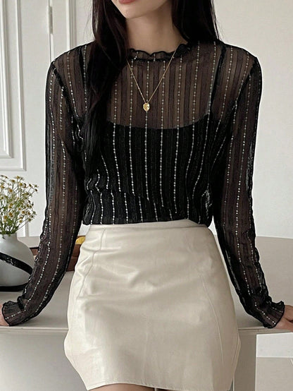 DAZY Women's Sheer Round Neck Casual Blouse, New Autumn Style Going Out Tops Long Sleeve Women Tops,Fall Women Clothes