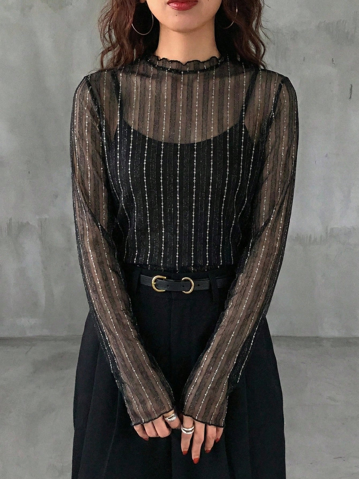 DAZY Women's Sheer Round Neck Casual Blouse, New Autumn Style Going Out Tops Long Sleeve Women Tops,Fall Women Clothes