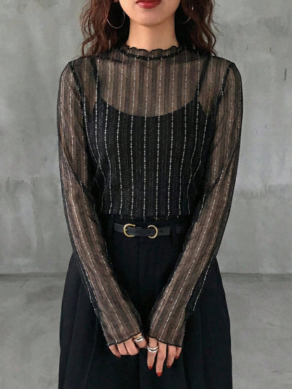 DAZY Women's Sheer Round Neck Casual Blouse, New Autumn Style Going Out Tops Long Sleeve Women Tops,Fall Women Clothes